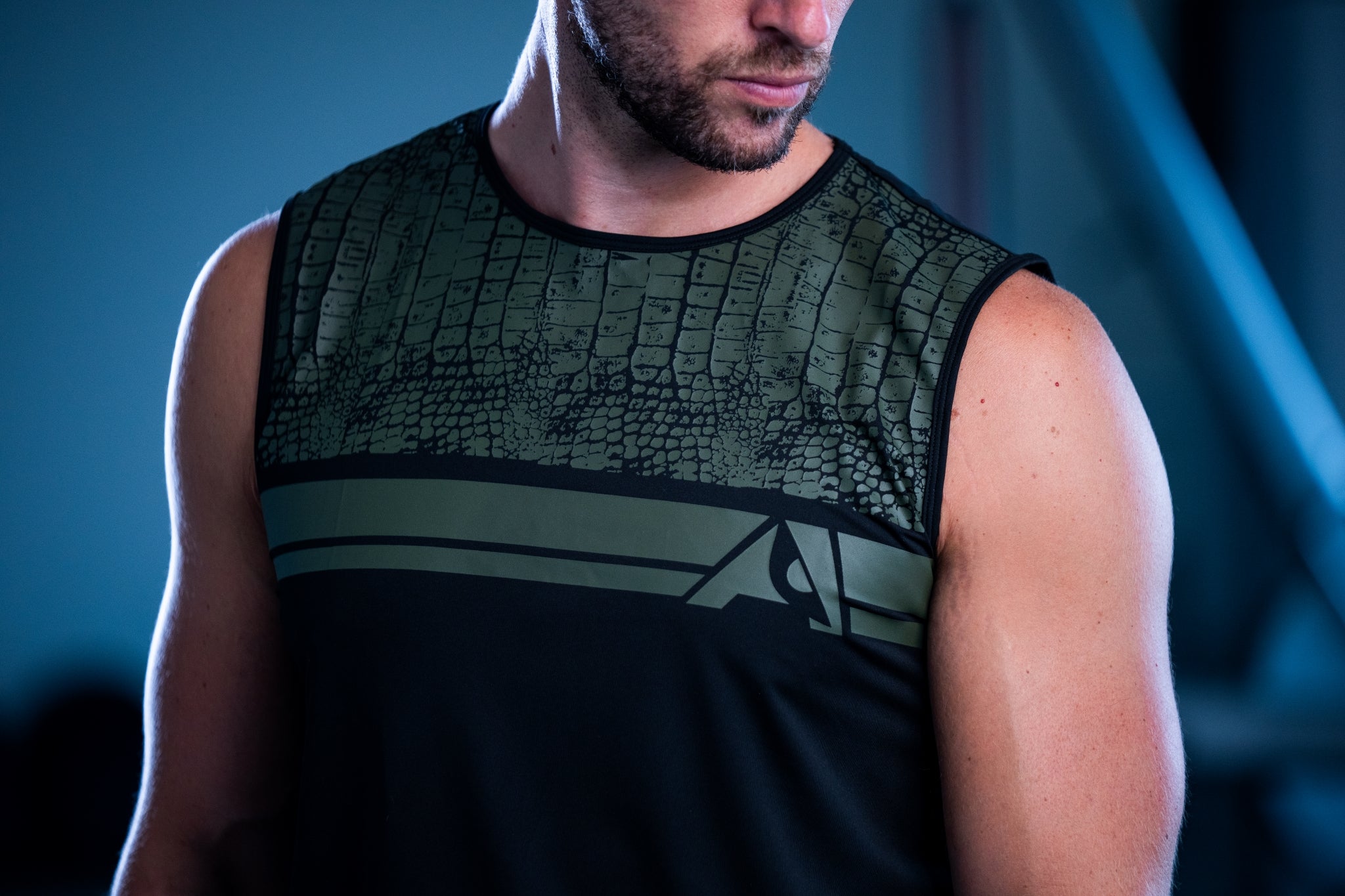Men's sleeveless workout t-shirt inspired by crocodiles made by Apex Fitness Apparel
